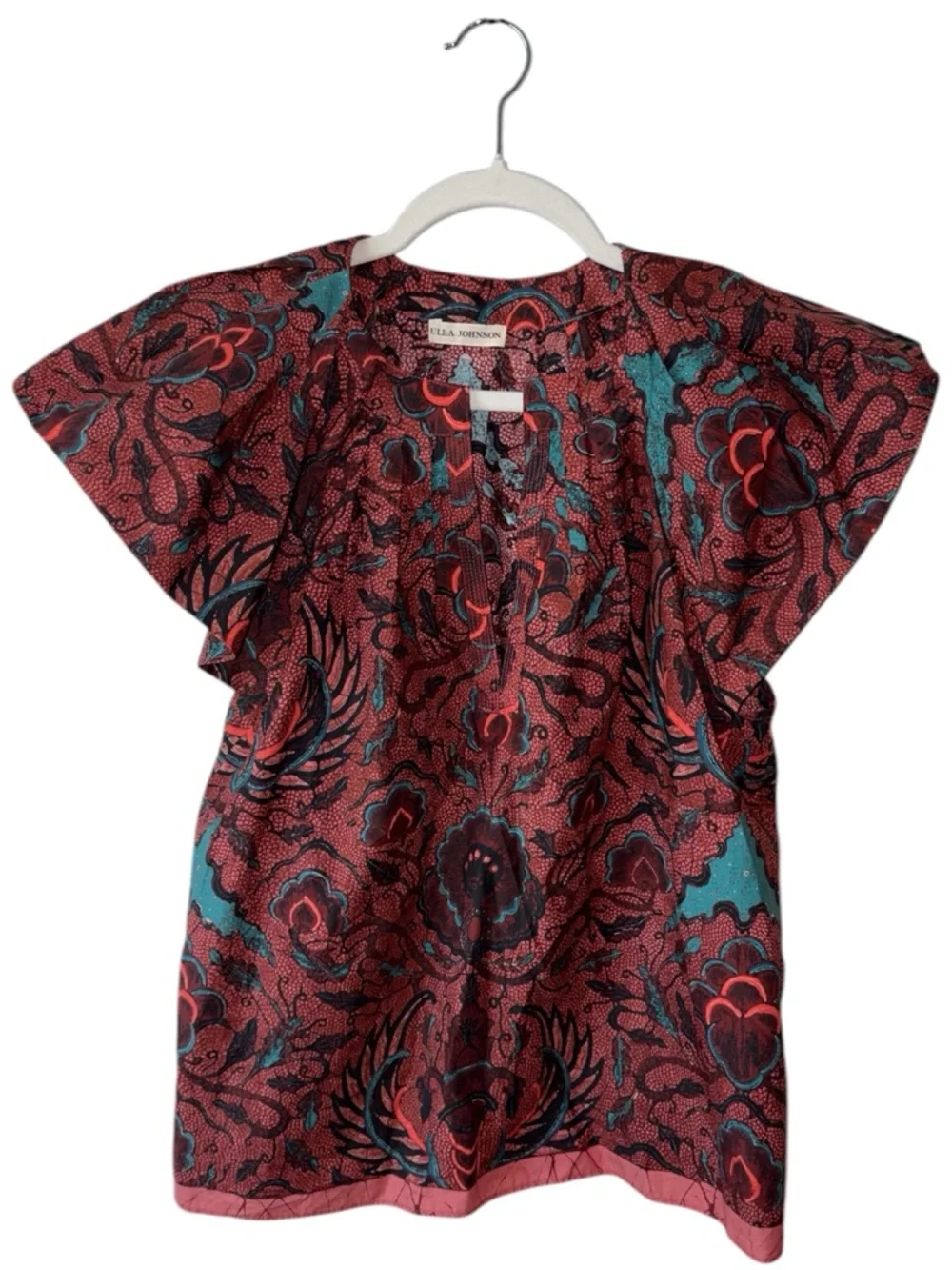 Ulla Johnson Inez Top Carmine Red Blue Printed Cotton Blouse Size 2 - Picture 2 of 7